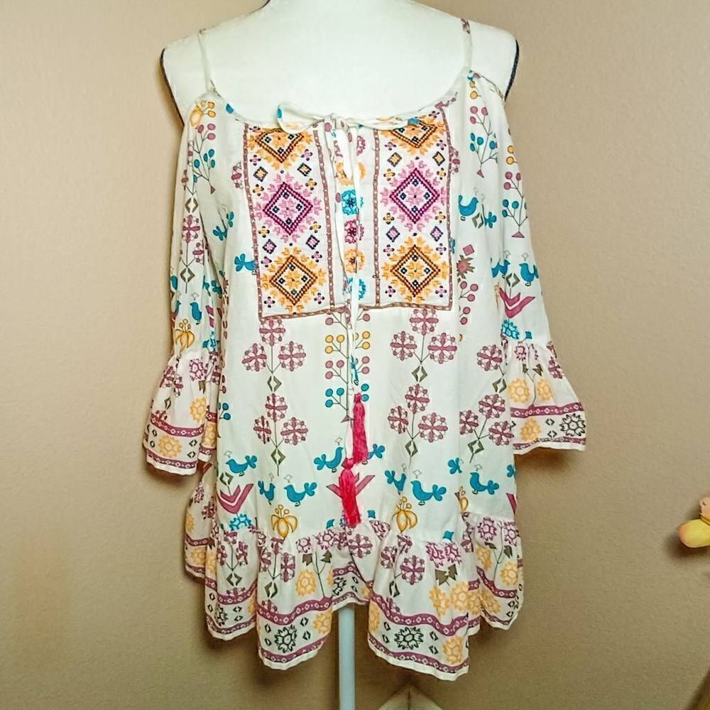 South Main Women's Embroidered Top Blouse  Boho Bell Sleeve Off shoulder
